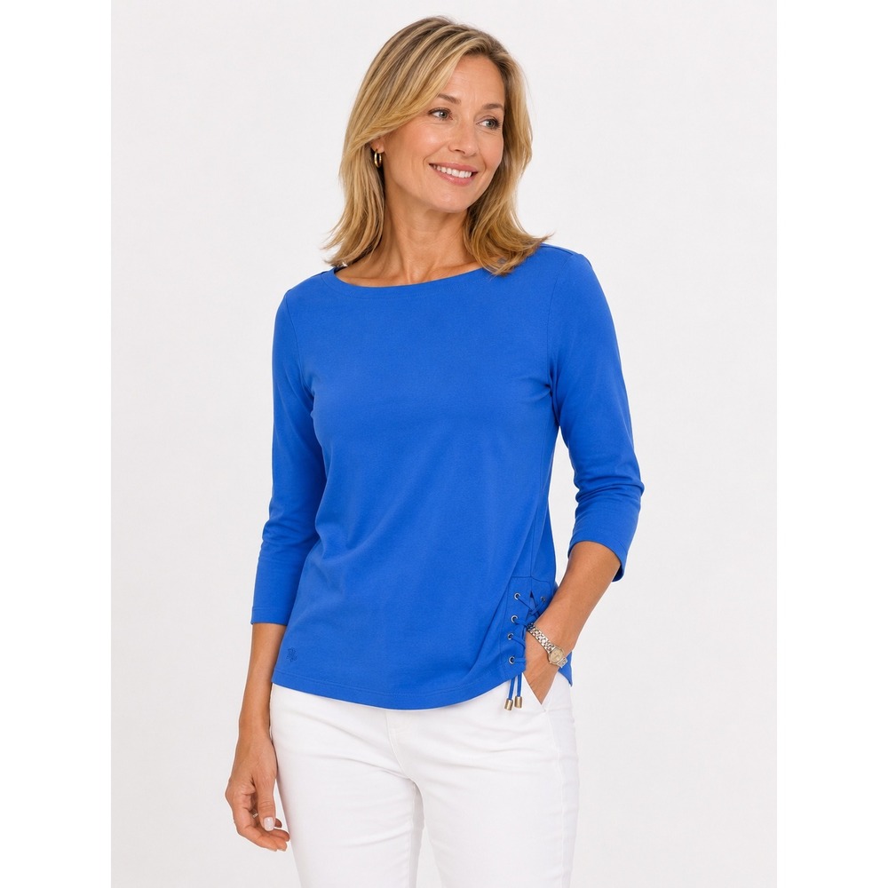 Lauren Ralph Lauren Stretch Cotton Boatneck Top L Cobalt Blue Lace Up Preppy
